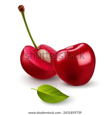 Ripe red sweet cherries with smooth skin, green leave, juicy light red flesh, and small pit Royalty-Free Stock Photo #2431859739