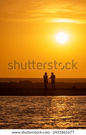 Man and woman staying and looking at sunset on ocean beach, orange sky, silhouettes of people on vacation, Canary islands