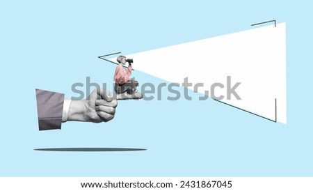 Signpost - a hand shows the business woman with binoculars where to look. Business analytics and strategic. Find a way. Royalty-Free Stock Photo #2431867045