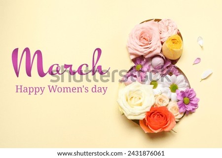 8 March - Happy International Women's Day. Greeting card design with different flowers, top view Royalty-Free Stock Photo #2431876061