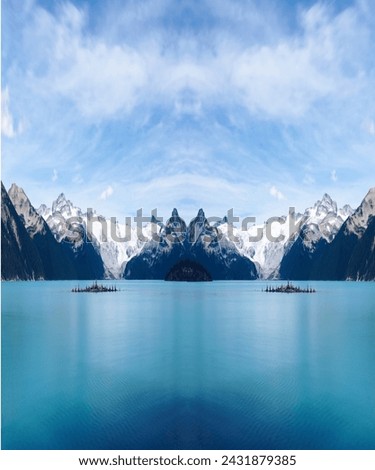 The picture shows a glacial lake with mountains in the background. The setting presents a serene natural scene with snow-capped peaks and a body of water in the foreground.