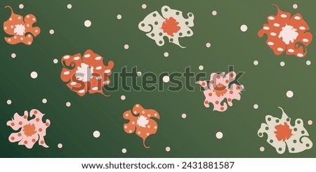 Spring background with multicolored flowers, dots. Colorful hand drawn vector illustration done in orange, white, green, pink colors. For cards, banners, wallpaper, textile, wrapping