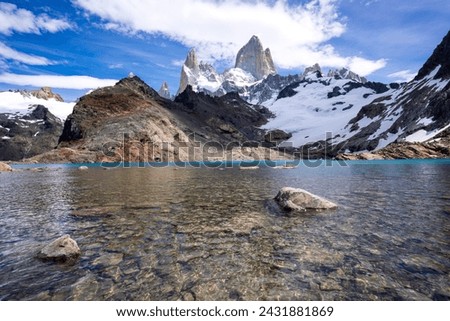 Low angle picture of the lake at the top of the Fitz Roy in Patagonia Argentina during the summer