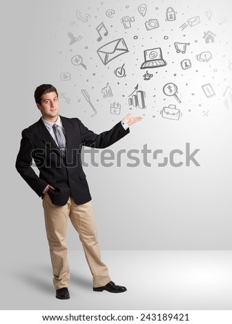 Business man presenting hand drawn sketch graphs and charts concept