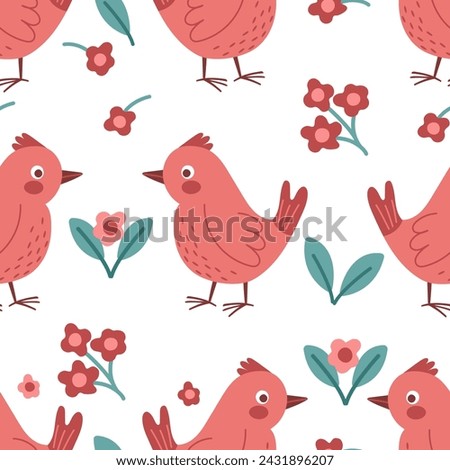 Spring birds vector seamless pattern. flat cartoon background, simple birds bright colors.