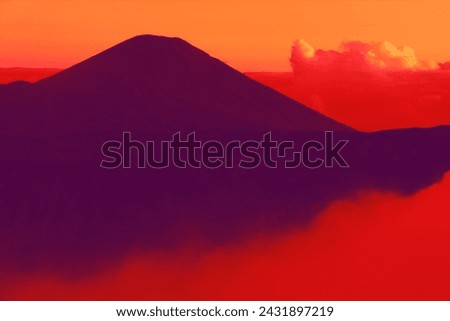 Landscape background, fog and mountain, ground and hill, orange and red color