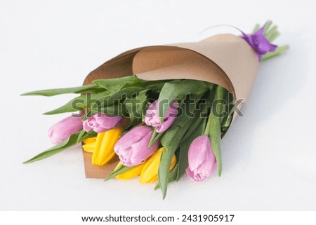 A spring bouquet of tulips in the snow. International Women's Day on March 8, greeting card