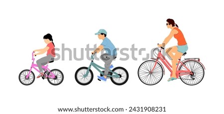 Mothers day, happy family people vector illustration isolated on white background. Mom with son and daughter riding bicycle. Mother with children driving bike. Little boy and girl outdoor. Love park.