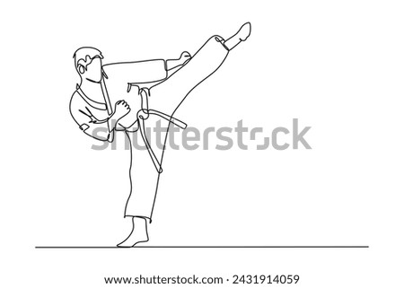 Single continuous line drawing a daily training activities of a martial arts athlete. Outdoor activity minimalist concept. Happy people outdoor activity.
