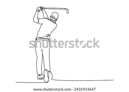 Single continuous line drawing a man is playing golf in an open field. Outdoor activity minimalist concept. Happy people outdoor activity.