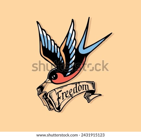 Swallow tattoo stock vector. Tattoo style swallow with banner, old school. Sailor Sticker. Freedom tattoo vector. Traditional tattoo art Royalty-Free Stock Photo #2431915123