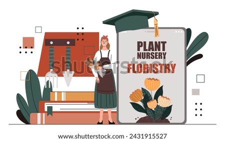 Plant nursery floristry. Woman with garden scissors near flowers. Floristry and botany, agriculture and gardening. Package with seed. Cartoon flat vector illustration isolated on white background Royalty-Free Stock Photo #2431915527