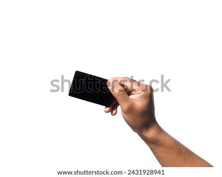 A man's hand makes a gesture of holding a black card.  or gray business card  Some types of documents, identity card or passport, isolated on white background.