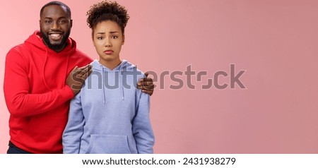 Girl unwilling participate event feel nervous insecure boyfriend encouraging hugging boost confidense assuring everything alright smiling self-assured promise everything be okay, pink background. Royalty-Free Stock Photo #2431938279