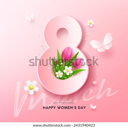 8 March, Happy women's day with tulip flowers and butterfly, poster design on pink background, EPS10 Vector illustration. Royalty-Free Stock Photo #2431940423