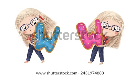 Cute little girl with chocolate donut- letter W. Tasty set on white background. Learn alphabet clip art collection