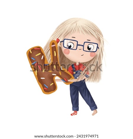 Cute little girl with chocolate donut- letter K on white background. Learn alphabet clip art collection