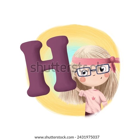 Cute little girl with letter H. Colorful cartoon graphics. Learn alphabet clip art collection on white background