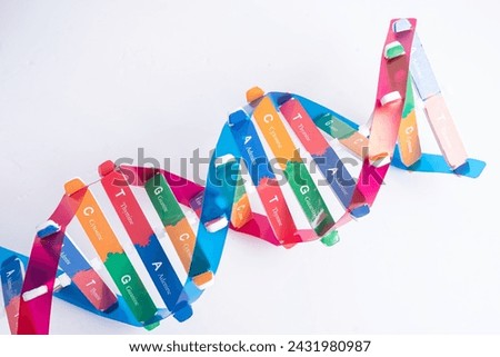 DNA or Deoxyribonucleic acid is a double helix chains structure formed by base pairs attached to a sugar phosphate backbone. Royalty-Free Stock Photo #2431980987