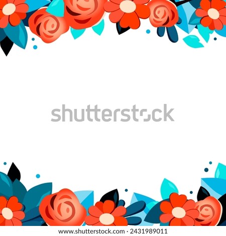 Vector Square frame of hand drawn flowers for words and text. Isolated red blue vignette with chamomile and roses for design, comics and flat banners