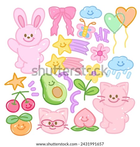 Cute doodle elements of rabbit, butterfly, cat, cherry, avocado, peach, pink ribbon, cloud, flower, shooting star, balloon for animal sticker, fruit icon, food logo, picnic, summer, pet, clip arts, ad