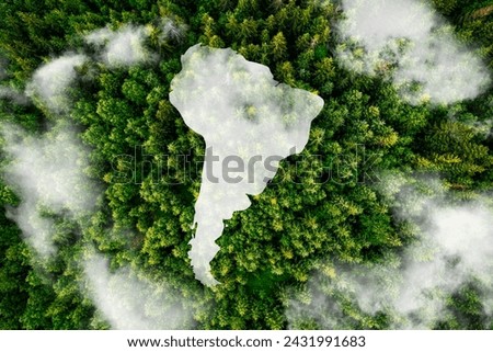 South America shaped clouds on blue planet Earth isolated on forest background. Highly detailed planet surface. Environment concept.