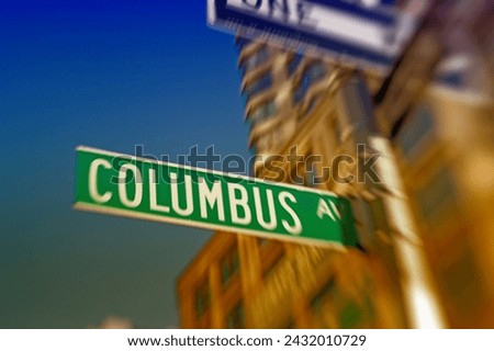 Street sign, pole and city with building for travel location for navigation, directions or New York. Road, architecture and holiday adventure in America for exploring or blurred, downtown or urban