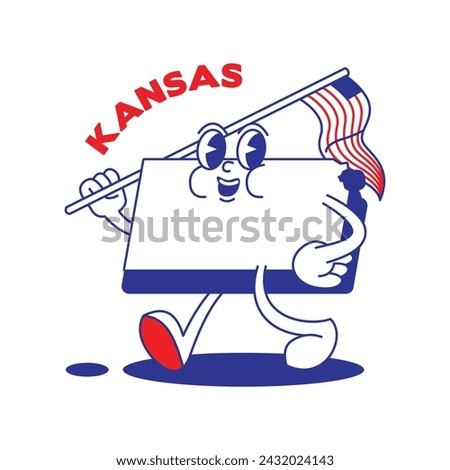 Kansas State retro mascot with hand and foot clip art. USA Map Retro cartoon stickers with funny comic characters and gloved hands. Vector template for website, design, cover, infographics.