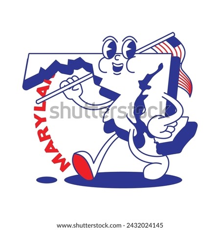 Maryland State retro mascot with hand and foot clip art. USA Map Retro cartoon stickers with funny comic characters and gloved hands. Vector template for website, design, cover, infographics.