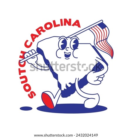 South Carolina State retro mascot with hand and foot clip art. USA Map Retro cartoon stickers with funny comic characters and gloved hands. Vector template for website, design, cover, infographics.