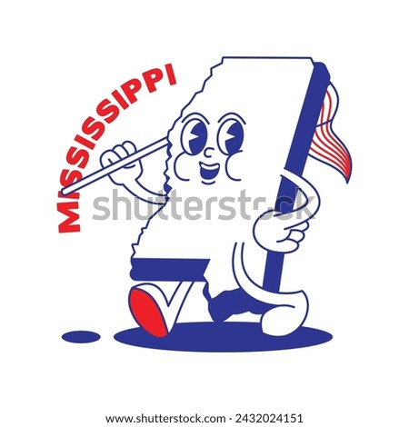 Mississippi State retro mascot with hand and foot clip art. USA Map Retro cartoon stickers with funny comic characters and gloved hands. Vector template for website, design, cover, infographics.