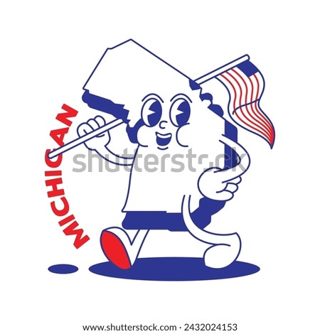 Michigan State retro mascot with hand and foot clip art. USA Map Retro cartoon stickers with funny comic characters and gloved hands. Vector template for website, design, cover, infographics.