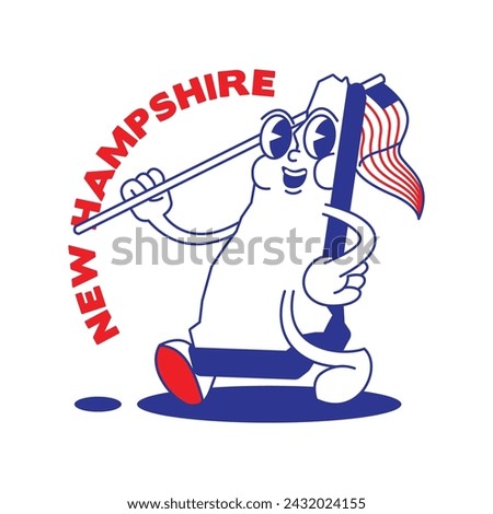New Hampshire State retro mascot with hand and foot clip art. USA Map Retro cartoon stickers with funny comic characters and gloved hands. Vector template for website, design, cover, infographics.