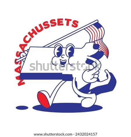 Massachusetts State retro mascot with hand and foot clip art. USA Map Retro cartoon stickers with funny comic characters and gloved hands. Vector template for website, design, cover, infographics.