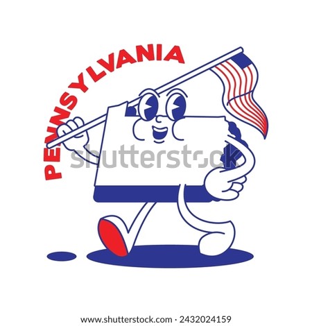 Pennsylvania State retro mascot with hand and foot clip art. USA Map Retro cartoon stickers with funny comic characters and gloved hands. Vector template for website, design, cover, infographics.
