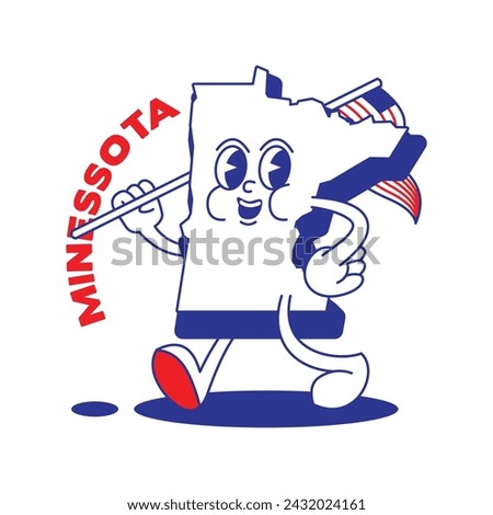 Minnesota State retro mascot with hand and foot clip art. USA Map Retro cartoon stickers with funny comic characters and gloved hands. Vector template for website, design, cover, infographics.
