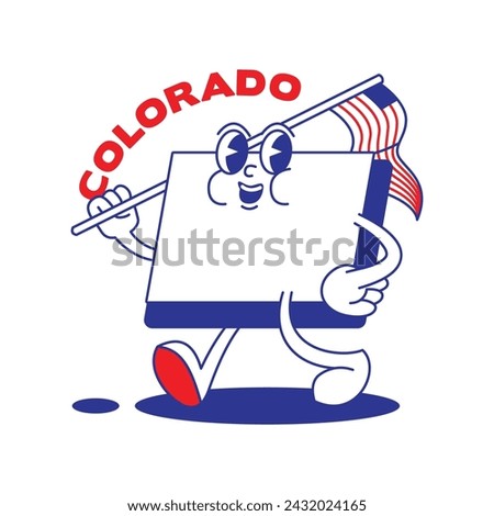 Colorado State retro mascot with hand and foot clip art. USA Map Retro cartoon stickers with funny comic characters and gloved hands. Vector template for website, design, cover, infographics.