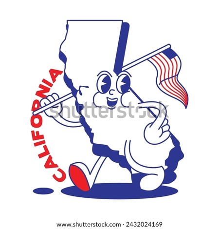 California State retro mascot with hand and foot clip art. USA Map Retro cartoon stickers with funny comic characters and gloved hands. Vector template for website, design, cover, infographics.