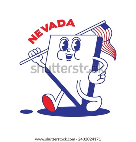 Nevada State retro mascot with hand and foot clip art. USA Map Retro cartoon stickers with funny comic characters and gloved hands. Vector template for website, design, cover, infographics.