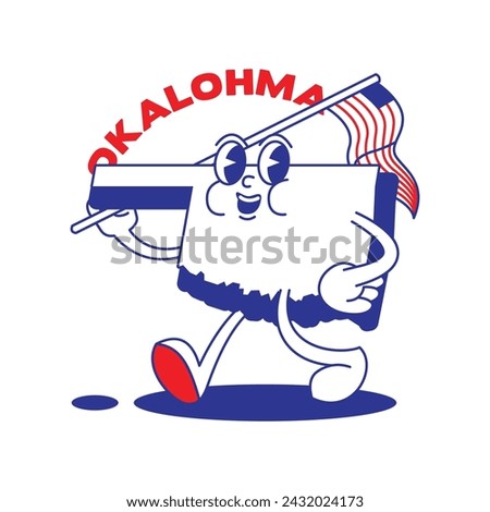 Oklahoma State retro mascot with hand and foot clip art. USA Map Retro cartoon stickers with funny comic characters and gloved hands. Vector template for website, design, cover, infographics.