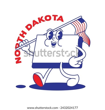 North Dakota State retro mascot with hand and foot clip art. USA Map Retro cartoon stickers with funny comic characters and gloved hands. Vector template for website, design, cover, infographics.