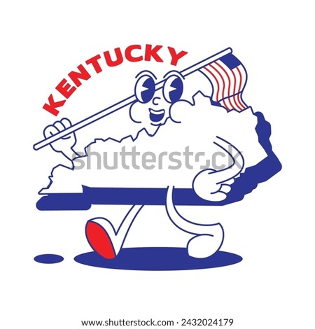 Kentucky State retro mascot with hand and foot clip art. USA Map Retro cartoon stickers with funny comic characters and gloved hands. Vector template for website, design, cover, infographics.