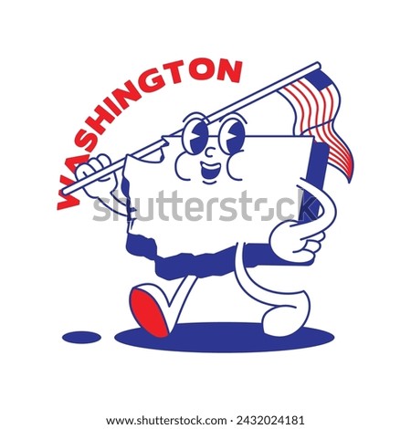 Washington State retro mascot with hand and foot clip art. USA Map Retro cartoon stickers with funny comic characters and gloved hands. Vector template for website, design, cover, infographics.