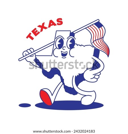 Texas State retro mascot with hand and foot clip art. USA Map Retro cartoon stickers with funny comic characters and gloved hands. Vector template for website, design, cover, infographics.
