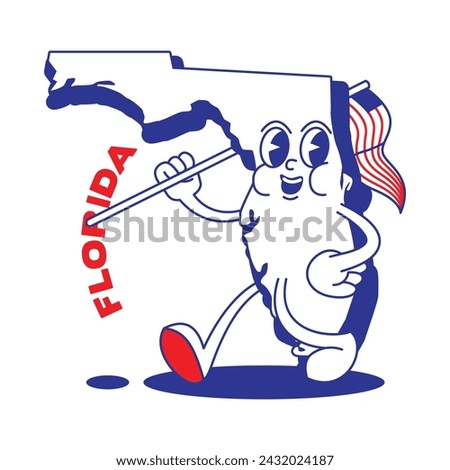Florida State retro mascot with hand and foot clip art. USA Map Retro cartoon stickers with funny comic characters and gloved hands. Vector template for website, design, cover, infographics.
