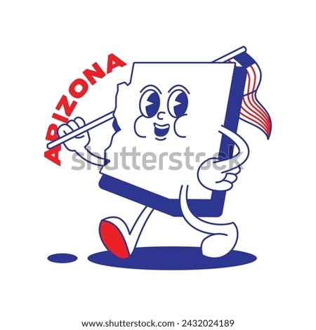 Arizona State retro mascot with hand and foot clip art. USA Map Retro cartoon stickers with funny comic characters and gloved hands. Vector template for website, design, cover, infographics.