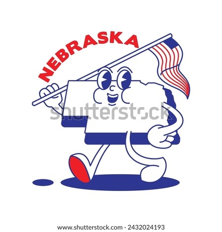 Nebraska State retro mascot with hand and foot clip art. USA Map Retro cartoon stickers with funny comic characters and gloved hands. Vector template for website, design, cover, infographics.