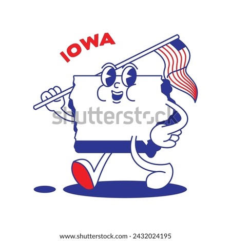 Iowa State retro mascot with hand and foot clip art. USA Map Retro cartoon stickers with funny comic characters and gloved hands. Vector template for website, design, cover, infographics.