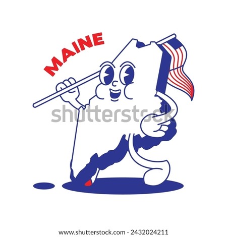 Maine State retro mascot with hand and foot clip art. USA Map Retro cartoon stickers with funny comic characters and gloved hands. Vector template for website, design, cover, infographics.