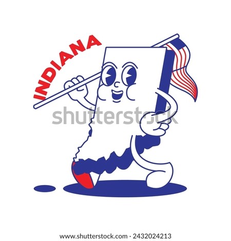 Indiana State retro mascot with hand and foot clip art. USA Map Retro cartoon stickers with funny comic characters and gloved hands. Vector template for website, design, cover, infographics.